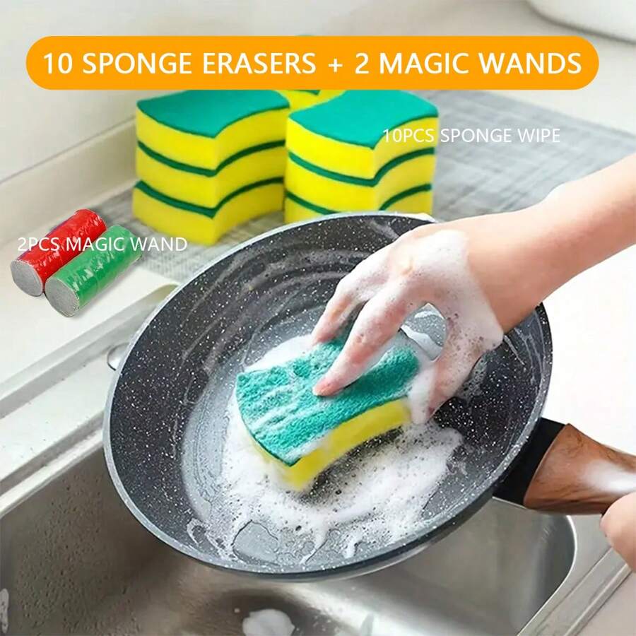 10 Dual Textured Cleaning Sponges + 2 Quick Cleaning Wands Scratch