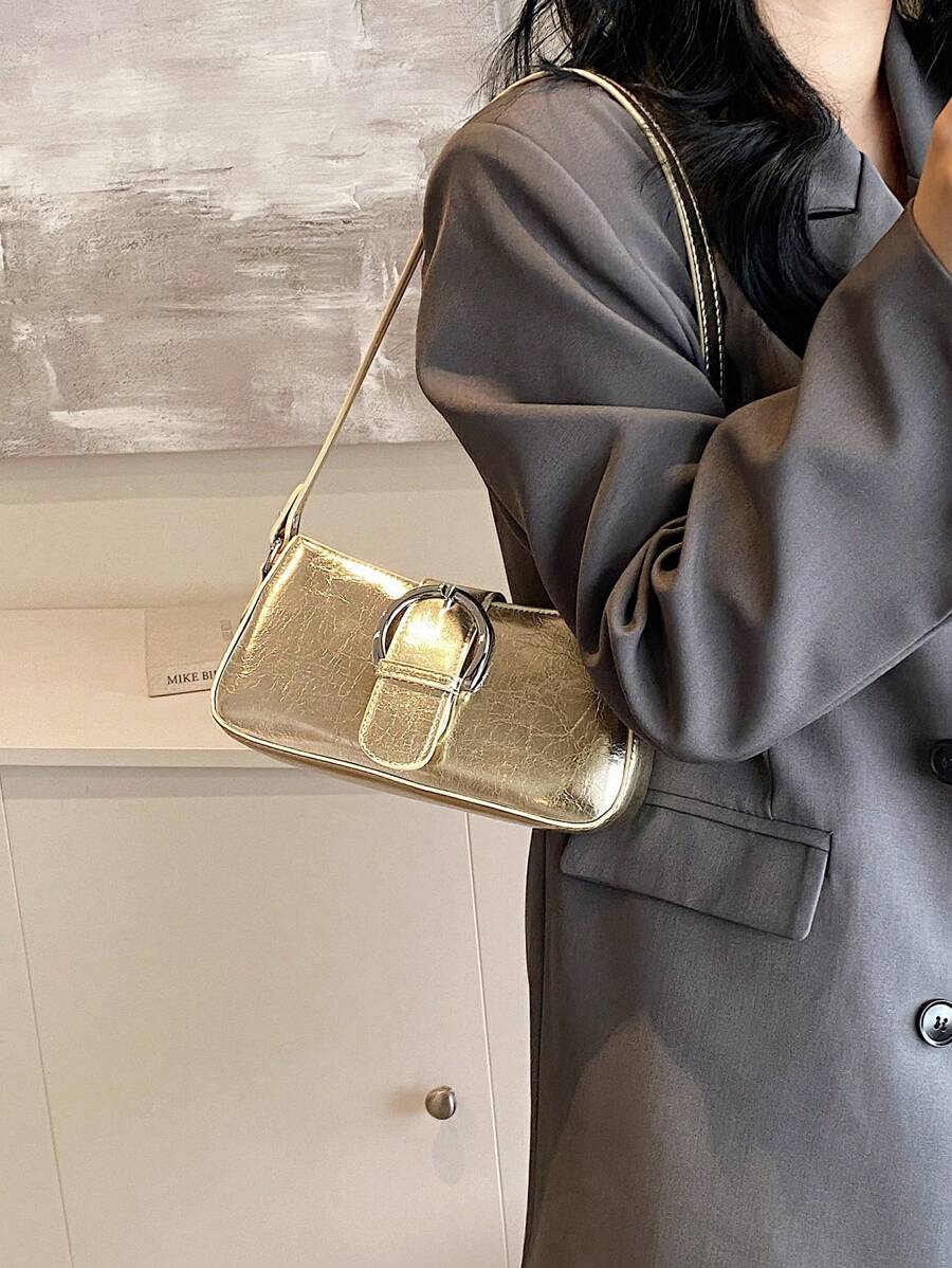 1 Túi đeo vai chất liệu PU Golden Commuter, Túi đeo chéo phong cách tối giản thời trang, Thích hợp cho phụ nữ sử dụng hàng ngày, hẹn hò, quà tặng - Vàng - Xem 1