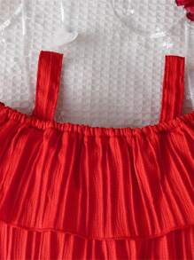 Young Girl Red Off-Shoulder Strawberry Embroidered Shorts With Heart Belt Set - Red - View 3