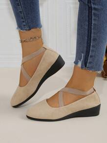 Zapatos planos con banda elástica de estilo informal para mujer, aptos para primavera/verano, con puntera redonda, tacón de cuña, cómodo bajo empeine y tacón bajo, zapatos de mamá - Albaricoque - Ver 2