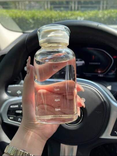 1pc Car Cup Glass Water Bottle With Large Capacity Scale, High-Temperature Resistance, Dual-Cover, Straw, Fruit Tea Cup, Outdoors Lovers Milk Cup, Available In 350ml/450ml/750ml, Transparent Color And Grey