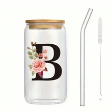 1個個性化字母咖啡杯，供辦公室和家用，由A到Z的霧面玻璃杯，帶有竹蓋和吸管，高硼硅耐高溫玻璃杯，適用於送給女性，媽媽，最好的朋友，新娘和伴娘的生日禮物 - 無色 - 查看 4