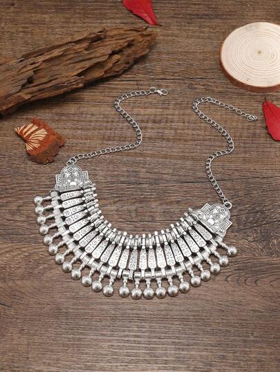 Vintage Carved Coins & Tassel Bib Necklace, Perfect Women Beach Vacation Statement Ornament, Handmade Sweater Chain