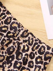 十幾歲女孩夏季休閒色塊圓領短袖上衣和豹紋百搭短褲套裝，共2件 - 玫紅色 - 查看 6