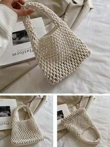 BAILEE Bolso de mano de poliéster de colores de moda con patrón tejido a mano y encanto oceánico, adecuado para vacaciones - Blanco - Ver 6