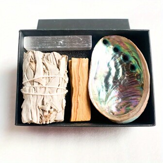 1set Selenite Bundle With White Sage & Sacred Wood, Natural Green Abalone Shells For Smudging, Burning Incense, Incense Holder & Home Decoration, Yoga  Energy Cleansing Kit For Home