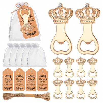 10 chaveiros abridores de garrafas em formato de coroa com saco de estopa, cartão de agradecimento, perfeito para casamento, chá de panela, aniversário, lembrancinhas de festa, decoração e lembranças, lembrancinhas para convidados, presentes de casamento, presentes de Dia dos Namorados, Natal