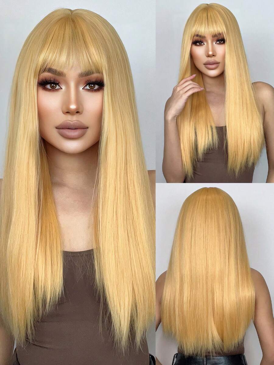 HAIRCUBE 28-Inch Yellow Banded Long Straight Wig, Beautiful And Elegant Synthetic Mechanism, Heat-Resistant Wig Suitable For Daily Wear - Yellow - View 1