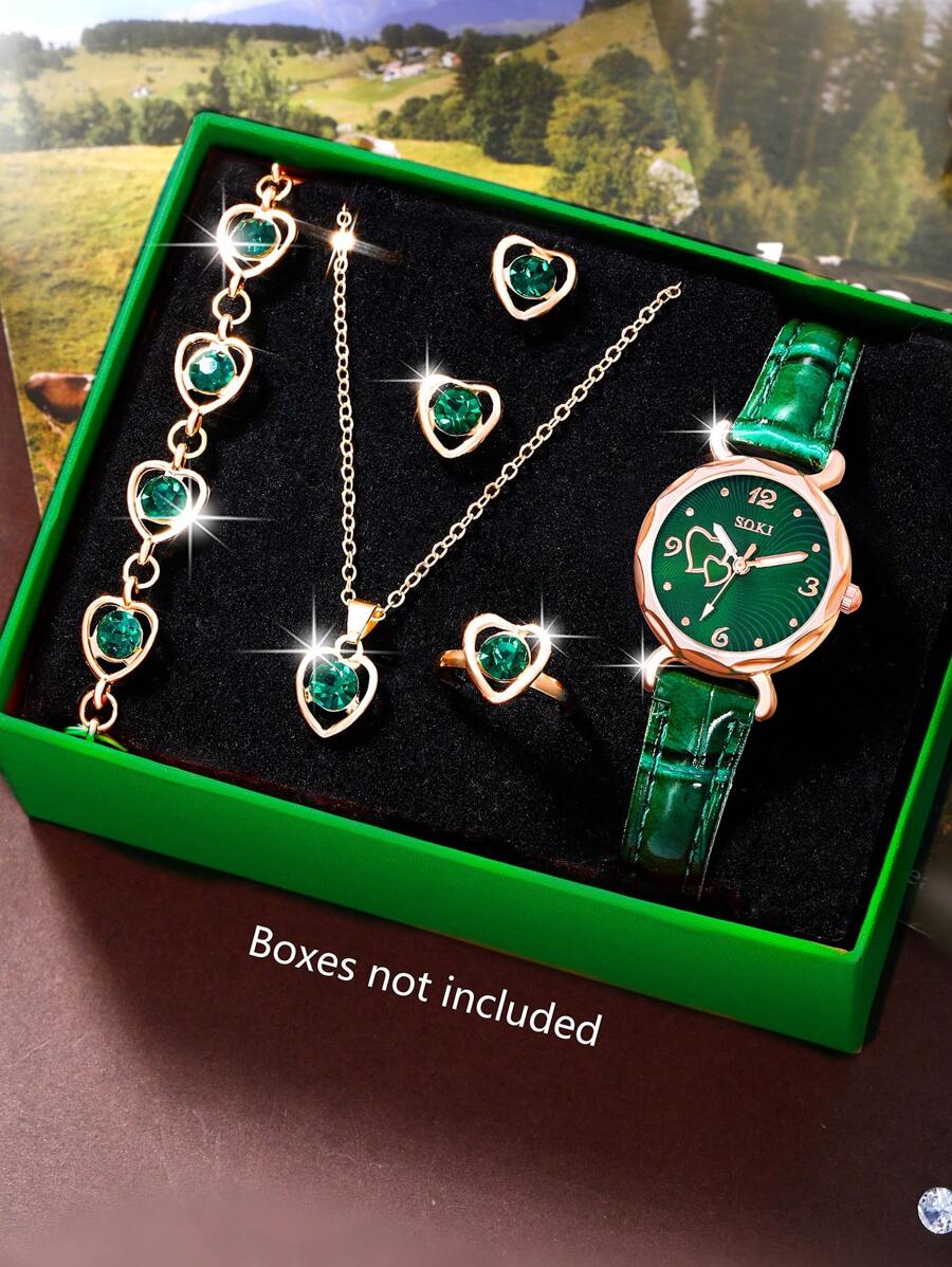 1 Set Ladies Watch Ladies Fashionable Casual Quartz Watch With Peach Shaped Dial And Heart Necklace Earrings Bracelet Rings Jewelry Set Perfect For Everyday Wear, Birthday Gifts, Parties, Holiday Gatherings, And As The Ideal Gift For Yourself Or Friends Boxes Not Included