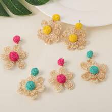 1pair Bohemian Style Raffia Braided Flower Earrings For Women, Suitable For Daily Wear Or Holiday Parties - Flower Earrings - View 2
