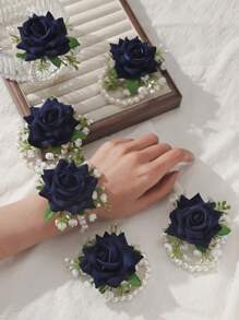 6 件装玫瑰花束，带满天星，适合新娘、伴娘、母亲、婆婆，饰有人造珍珠串珠链和腕带，非常适合婚礼、周年纪念、舞会和其他特殊场合情人节情人节