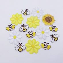 15 Stücke/Packung aufbügelbare bestickte Patches mit niedlichem Gänseblümchen-, Sonnenblumen- und Bienen-Motiv zum Aufbügeln auf Kleidung - DIY-Abzeichen, Aufnäher, Sticker, Nähen, Accessoires, Handwerksverzierungen, Dekorationen