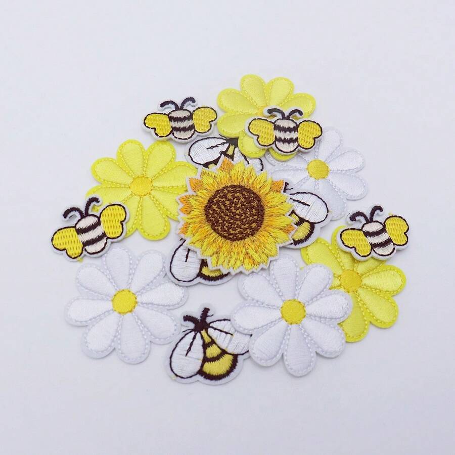 15 Stücke/Packung aufbügelbare bestickte Patches mit niedlichem Gänseblümchen-, Sonnenblumen- und Bienen-Motiv zum Aufbügeln auf Kleidung - DIY-Abzeichen, Aufnäher, Sticker, Nähen, Accessoires, Handwerksverzierungen, Dekorationen