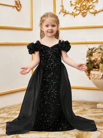Elegant Off-Shoulder Mermaid Evening Dress For Young Girl, Featuring Ruffle Details And Flowing Organza Chiffon Panels, Suitable For Formal Occasions Such As Graduation Prom