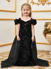Elegant Off-Shoulder Mermaid Evening Dress For Young Girl, Featuring Ruffle Details And Flowing Organza Chiffon Panels, Suitable For Formal Occasions Such As Graduation Prom - Black - View 3