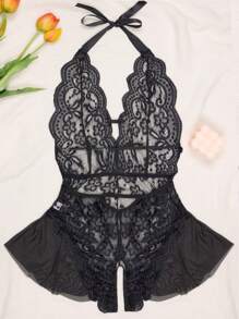 1pc Sexy Lace Deep V Cut Crotchless Mesh Bodysuit For Women, Lingerie, Rave For Going Out, Baddie Look - Black - View 6