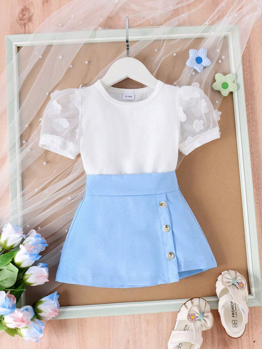 2pcs/Set Baby Girls Elegant Fashion Short Sleeve Top And Skirt Outfit, Light Fabric For Summer - White - View 1
