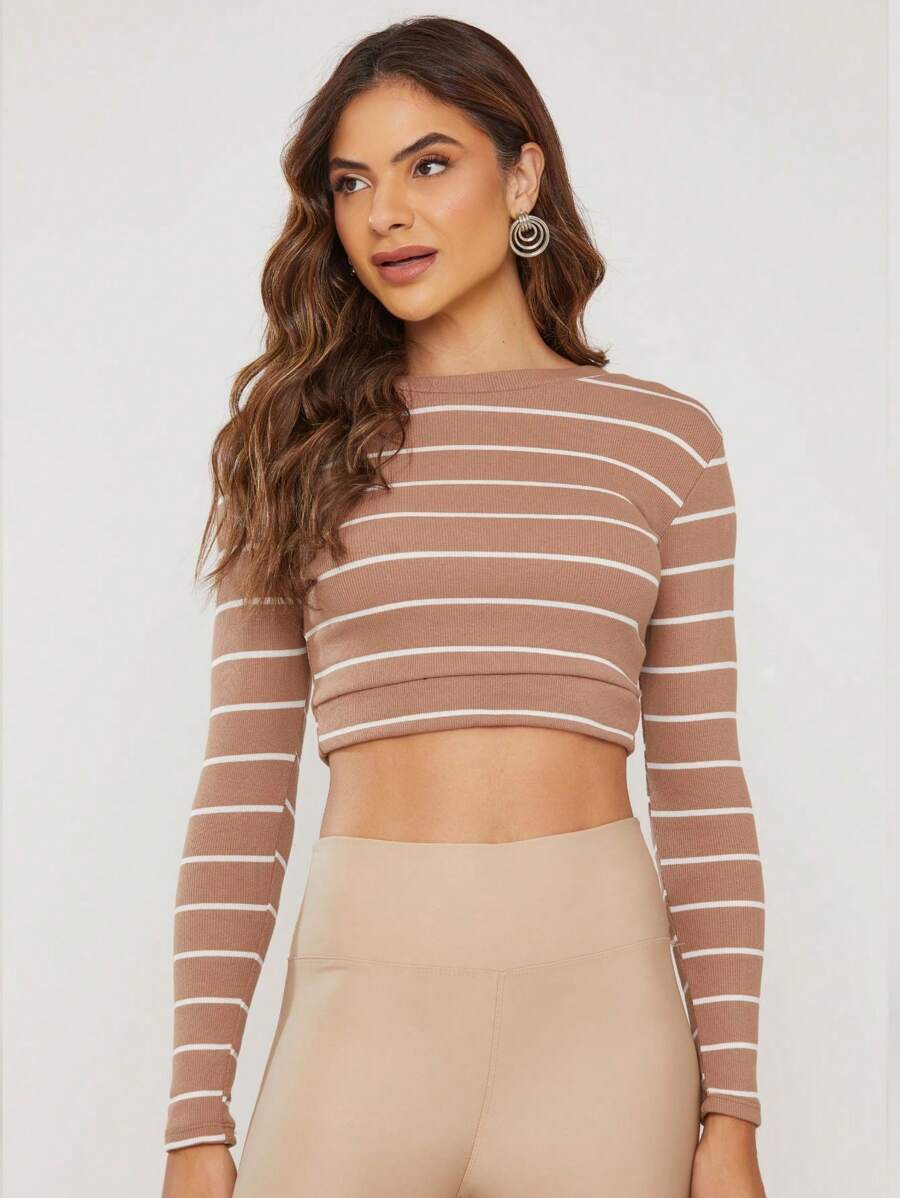 Women T-Shirts - 條紋米色 - 查看 1