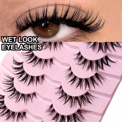 Rikuaild 7对水润光泽假睫毛，透明睫毛梗，柔软自然，轻盈飘逸，打造戏剧性妆容，仿貂毛睫毛，时尚卡通风格假睫毛