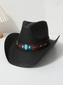1pc Women's Cowboy Hat, Western Style Straw Sun Hat With Gems Decor & Tie-Up, Unisex, Breathable Panama Hat With Curved Brim & Hard Top, Casual Jazz Hat For Daily Use - Multicolor - View 9