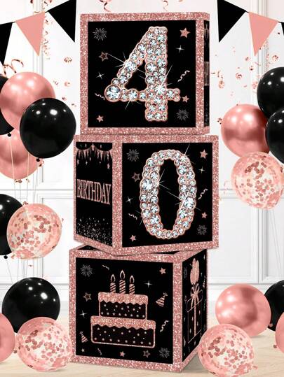3pcs/Set 27cm 40th Rose Gold Birthday Surprise Box, 40th Birthday Party Room Background Decoration, Photo Props, Birthday Gift,Christmas
