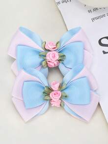 2 piezas de dulces lazos para el cabello para niñas, elegante flor de lazo de moño azul y rosa decorado con clips de pelo de arco iris coloridos, bonitos pasadores de lazo de cinta, accesorios diarios para la cabeza de las niñas, accesorios para el cabello de los niños - Multicolor - Ver 2