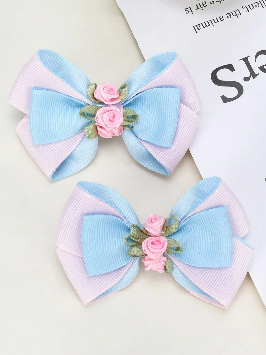 2 piezas de dulces lazos para el cabello para niñas, elegante flor de lazo de moño azul y rosa decorado con clips de pelo de arco iris coloridos, bonitos pasadores de lazo de cinta, accesorios diarios para la cabeza de las niñas, accesorios para el cabello de los niños - Multicolor - Ver 1
