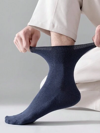 3 双男士宽松透气吸汗棉袜，适合腿粗和中老年，海军蓝色中筒袜，秋季