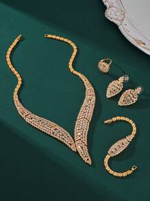 4 pièces/set Ensemble de bijoux de luxe pour femmes avec zirconium cubique incrusté micro. Comprend un collier, des boucles d'oreilles, une bague et un bracelet. Parfait pour les occasions formelles, les mariages et comme cadeau pour la Saint-Valentin, la mère, la fête des mères.