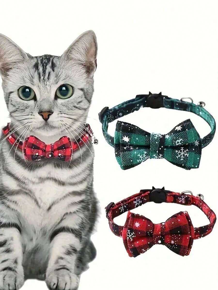 1 Stück verstellbares Haustier Halsband mit Schleife, Weihnachtsbellen Dekor Katzenhalsband, geeignet für den täglichen Gebrauch - Verschiedenfarbig - Übersicht 1