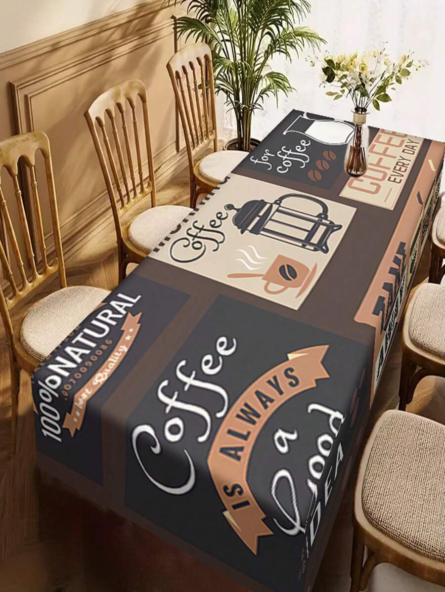 1pc Retro Coffee Polyester Tablecloth, Coffee Pattern Table Cover, Rectangle Waterproof Tablecloth,  Waterproof Stain Wrinkle Free, Indoor And Outdoor Table Cover, For Home Kitchen Dining Decoration
