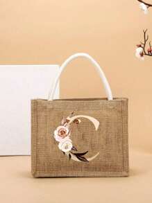 Pendlertasche Handtasche Leinentasche farblicher Kontrast tragbar für Festivals, Schule, Geschenktüte, Einkaufstasche, Handtasche für Frauen, Mode Jutegewebe Einkaufstasche mit modischem Buchstaben- und Blumenmuster aus Leinenmaterial für College-Studenten, Büroarbeiter, Damen, Lehrer, Valentinstag-Geschenk für Paar, beste Geschenke für Lehrer, Dankeschön-Geschenk für Lehrer - Khaki - Übersicht 14