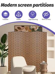 Room Divider 6FT Wall Divider Wood Screen 4 Panels Wood Mesh Hand-Woven Design Room Screen Divider Indoor Folding Portable Partition Screen - Brick - View 2