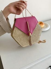 Yogodlns 六邊形編織草編斜挎包，配流蘇裝飾