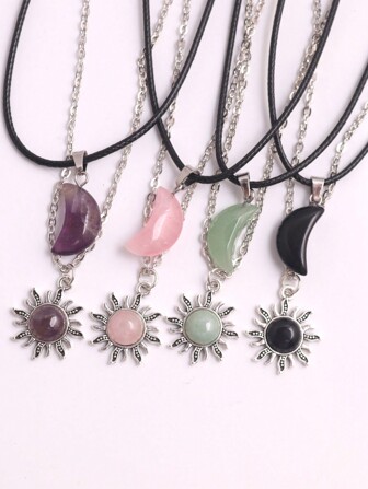 1套迷你月形天然水晶瑪瑙吊墜套頸鍊和六角柱狀瑪瑙裝飾療癒頸鍊女士款-鄉村度假風格，太陽合金和水晶雙層領巾珠寶