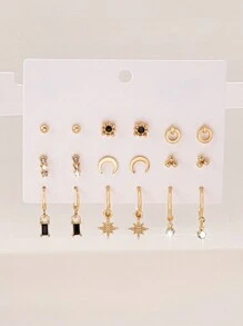 9 pares Brincos de Argola e Brincos de Strass de Prata/Ouro/Ouro Rosa/Preto Elegante, Fofo, Simples e Casual da Moda Europeia e Americana, Adequado para Uso Diário, Férias, Presente, Joia para Mulheres