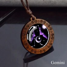 12 Constellation Necklace Starry Sky Zodiac Round Glass Wood Pendant Necklace Birthday Gift Couples Jewelry - style - View 17