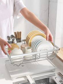 1 Giá Để Bát Đĩa, Giá Phơi Bát Đĩa Có Khay Xả Và Hộp Đựng Đồ Dùng, Bộ sắp xếp lưu trữ tiết kiệm không gian dung lượng lớn, Cho mặt bàn bếp, Dụng cụ sắp xếp và lưu trữ nhà bếp, Phụ kiện nhà bếp Giá phơi bát đĩa cho quầy bếp - trắng - Xem 10