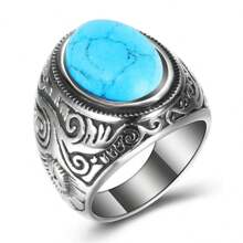 1pc Retro Handmade Turkish Signet Tiger Eyes Stone Ring Vintage Men's Ancient Silver Color Imitation Blue Turquoise Rings For Men Rock Punk Muslim Wedding Band Jewelry - Modern Style - View 18