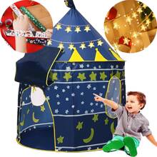Tienda Niñas Carpa Castillo Con Alfombra,casita Para Niños, Carpa para niños, carpa castillo, carpa princesa portátil, castillo portátil fácil de montar, adecuado para niñas y niños - Azul+10m Cadena de luz de estrella - Ver 1