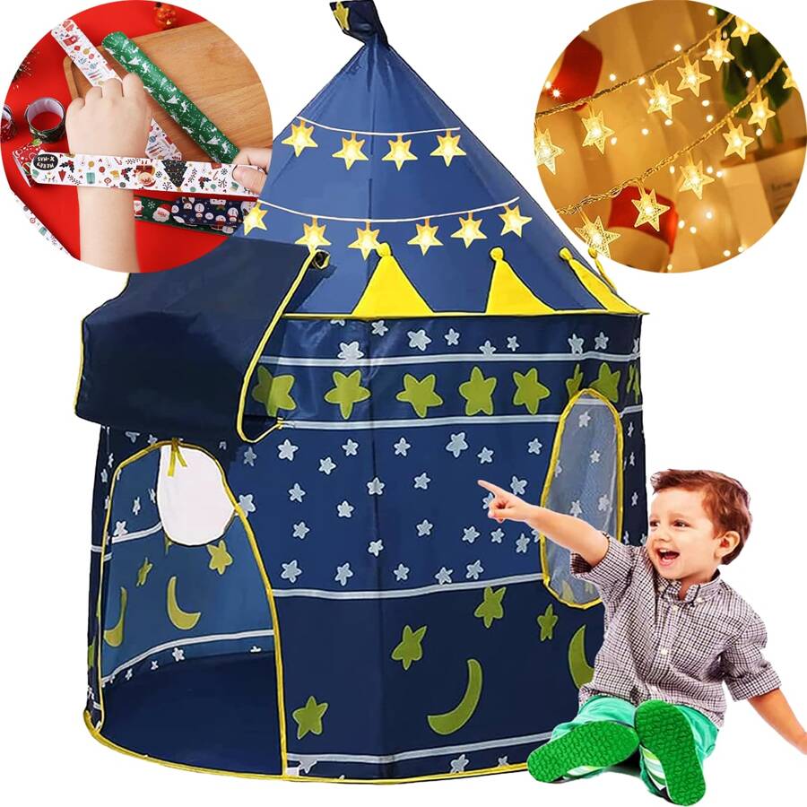 Tienda Niñas Carpa Castillo Con Alfombra,casita Para Niños, Carpa para niños, carpa castillo, carpa princesa portátil, castillo portátil fácil de montar, adecuado para niñas y niños - Azul+10m Cadena de luz de estrella - Ver 1