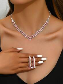 時尚珠寶套裝，彩色鑲鑽項鍊和耳環組合，西式新娘婚禮裝飾配件 - 銀色 - 查看 13