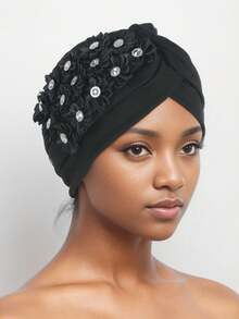 Turban bonnet élégant pour femmes avec fleurs en strass et ridules, chapeau de hijab musulman pour femmes avec plis et volants, bonnet de mariage en perles - Multicolore - Voir 11