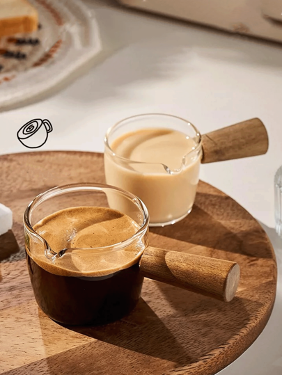 Small Milk Cup, Japanese Mini Wooden Handle Glass Milk Jug With Pointed Spout, Milk Pitcher For Frothing Milk, Making Espresso, Latte Art