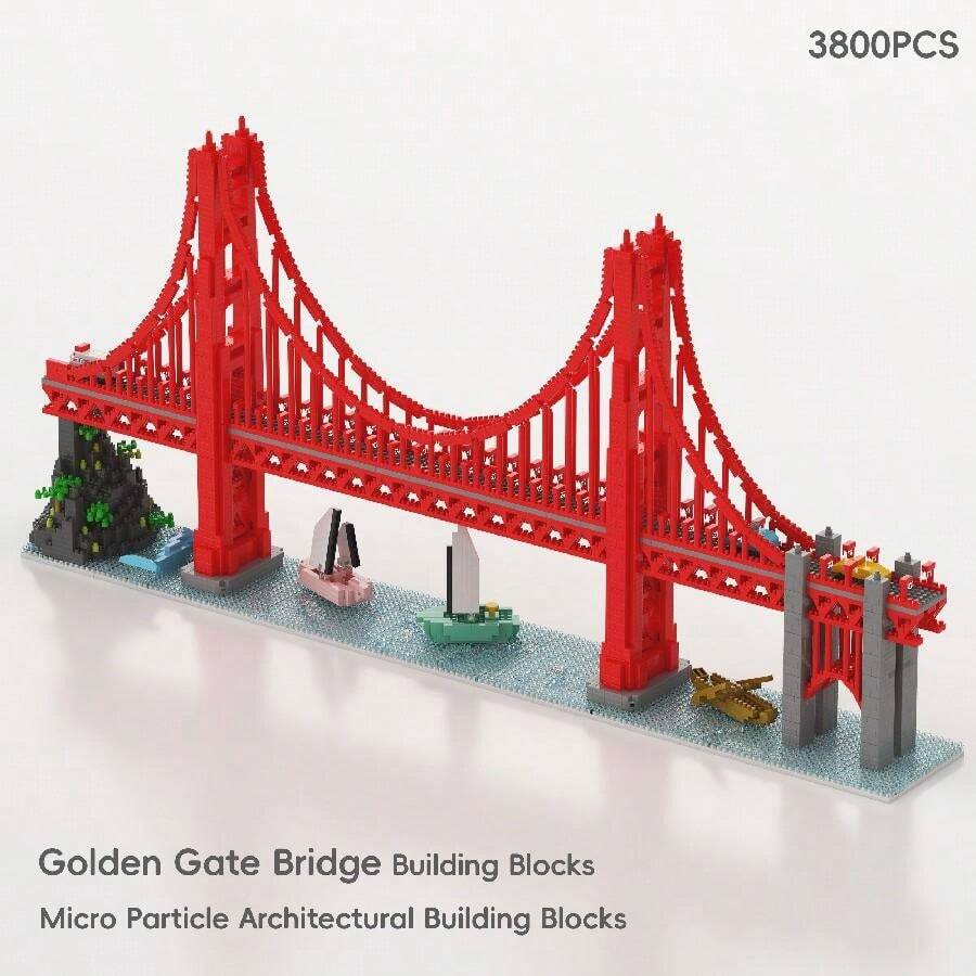 3800塊微粒建築積木，ABS材質，金門大橋模型套裝，極簡主義風格，以紅色為主，橋形設計，包括小型船隻和風景細節，非常適合送禮和家庭互動 - 彩色 - 查看 1