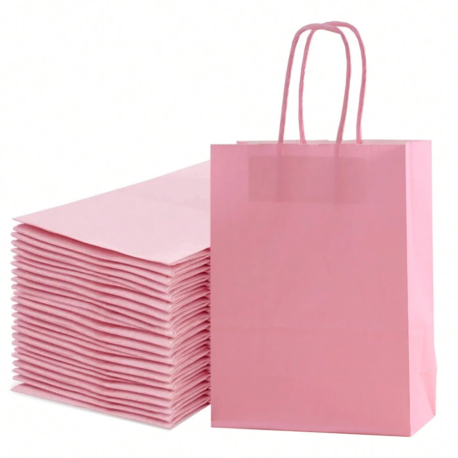 24 chiếc Túi giấy Kraft màu hồng cỡ trung 16x22x8cm, Túi quà tặng có thể tái sử dụng cho sinh nhật, tiệc tùng, đám cưới và bạn bè