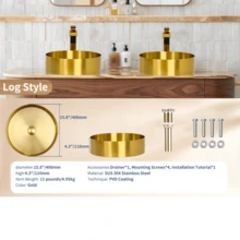 1套浴室水槽，配有排水口，直徑15.8寸，高度4.3寸，304不銹鋼盆，彈出式排水塞，檯面盆浴室水槽，適用於浴室、旅館、梳妝台，PVD珍珠鍍膜圓形盆式浴室水槽 - 金色 - 查看 6