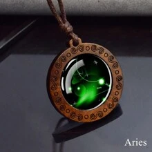 12 Constellation Necklace Starry Sky Zodiac Round Glass Wood Pendant Necklace Birthday Gift Couples Jewelry - style - View 11