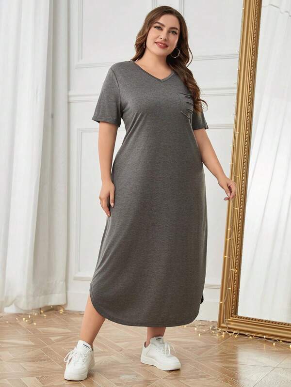 1pc Plus Size Women's Loose Casual Short Sleeve Sleepwear, Can Be Worn As Outerwear, Lightweight Summer Nightgown Long Dress