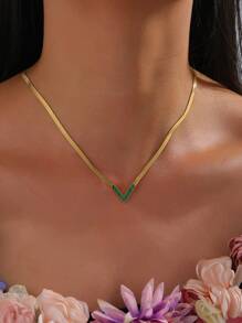 1pc Fashionable Personalized V-Shaped 18K Gold Plated Stainless Steel Necklace, Suitable For Women Party Gift Or Daily Wear - Yellow Gold - View 9